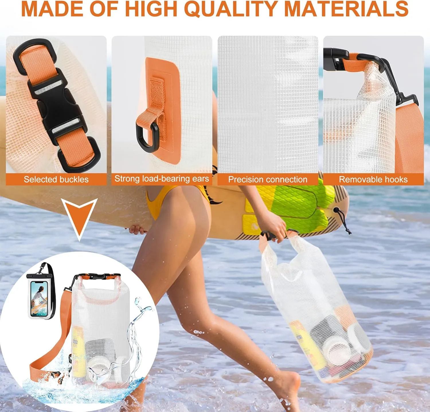 Dry Bag Waterproof, Translucent Mesh Roll-Top Lightweight Dry Storage Bag Backpack with Phone Case, 2-30L Optional, Suitable for Traveling, Swimming, Kayaking, Camping and Beach (White, 25L)