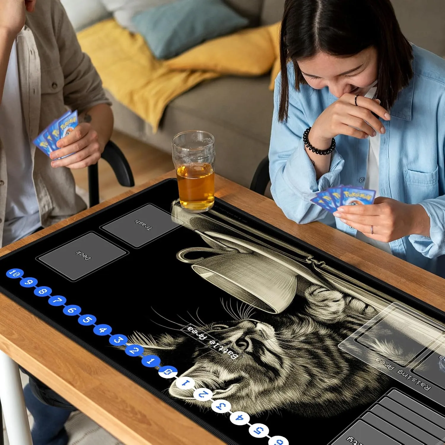 Duel Playma for DTCG, Card Game Mat Non-Slip Rubber Base and Stitched, 24 x 14 in TCG Play Mat with Zones for CCG and Other Card Games, Cat Art Painting