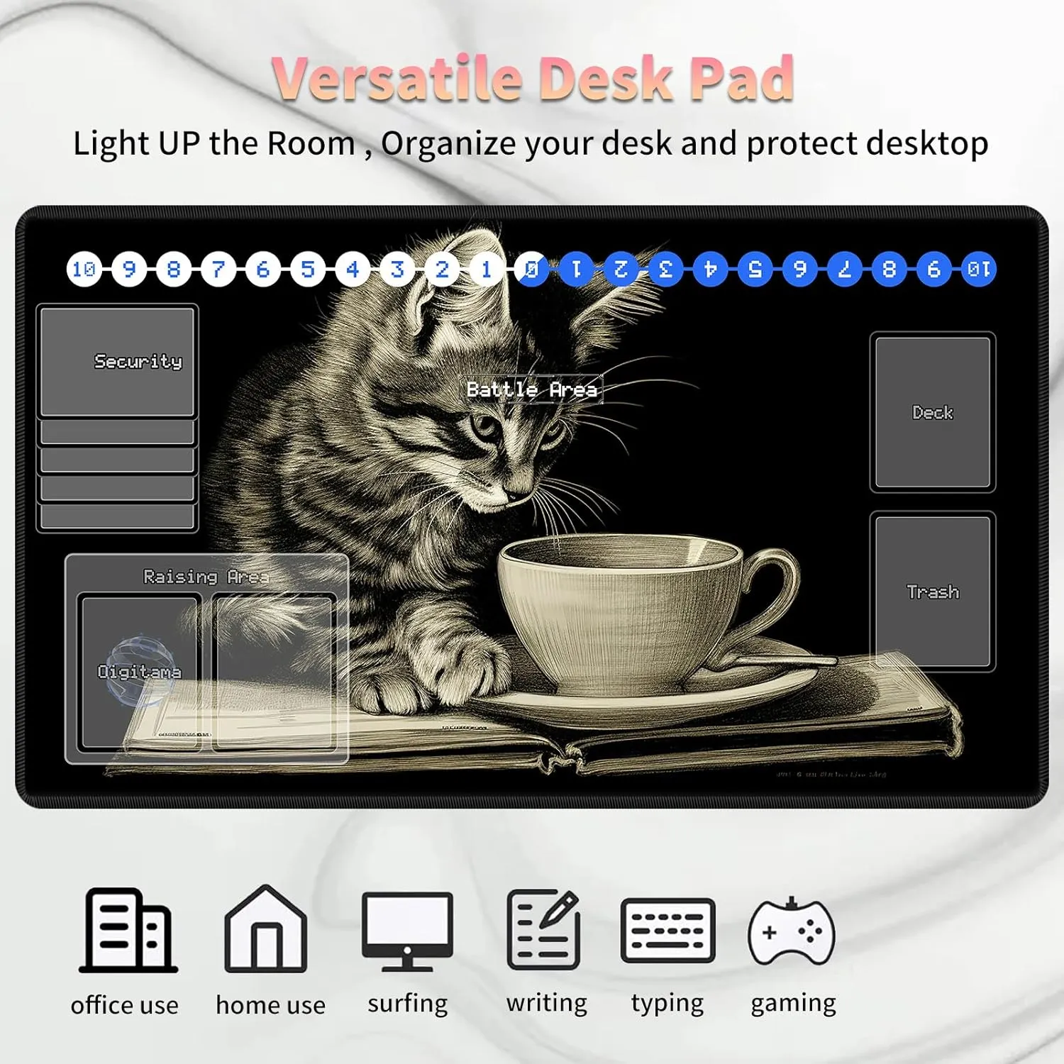 Duel Playma for DTCG, Card Game Mat Non-Slip Rubber Base and Stitched, 24 x 14 in TCG Play Mat with Zones for CCG and Other Card Games, Cat Art Painting