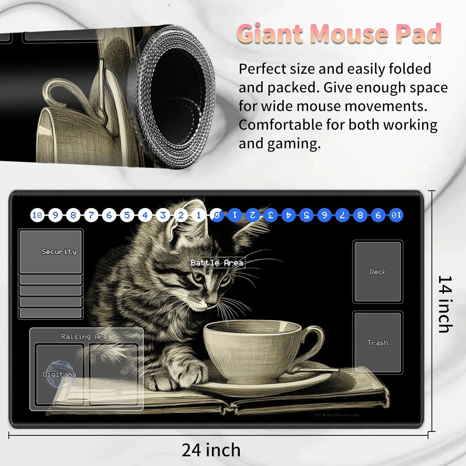 Duel Playma for DTCG, Card Game Mat Non-Slip Rubber Base and Stitched, 24 x 14 in TCG Play Mat with Zones for CCG and Other Card Games, Cat Art Painting