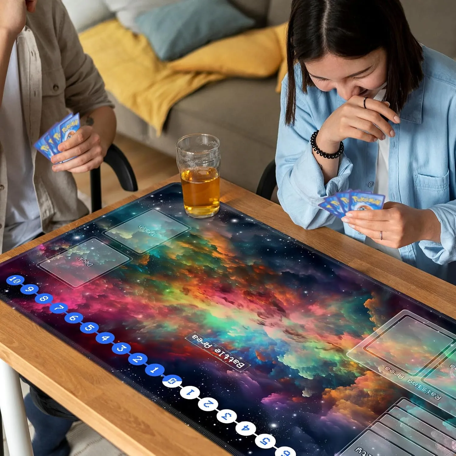 Duel Playma for DTCG, Card Game Mat Non-Slip Rubber Base and Stitched, 24 x 14 in TCG Play Mat with Zones for CCG and Other Card Games, Colorful Starry Sky
