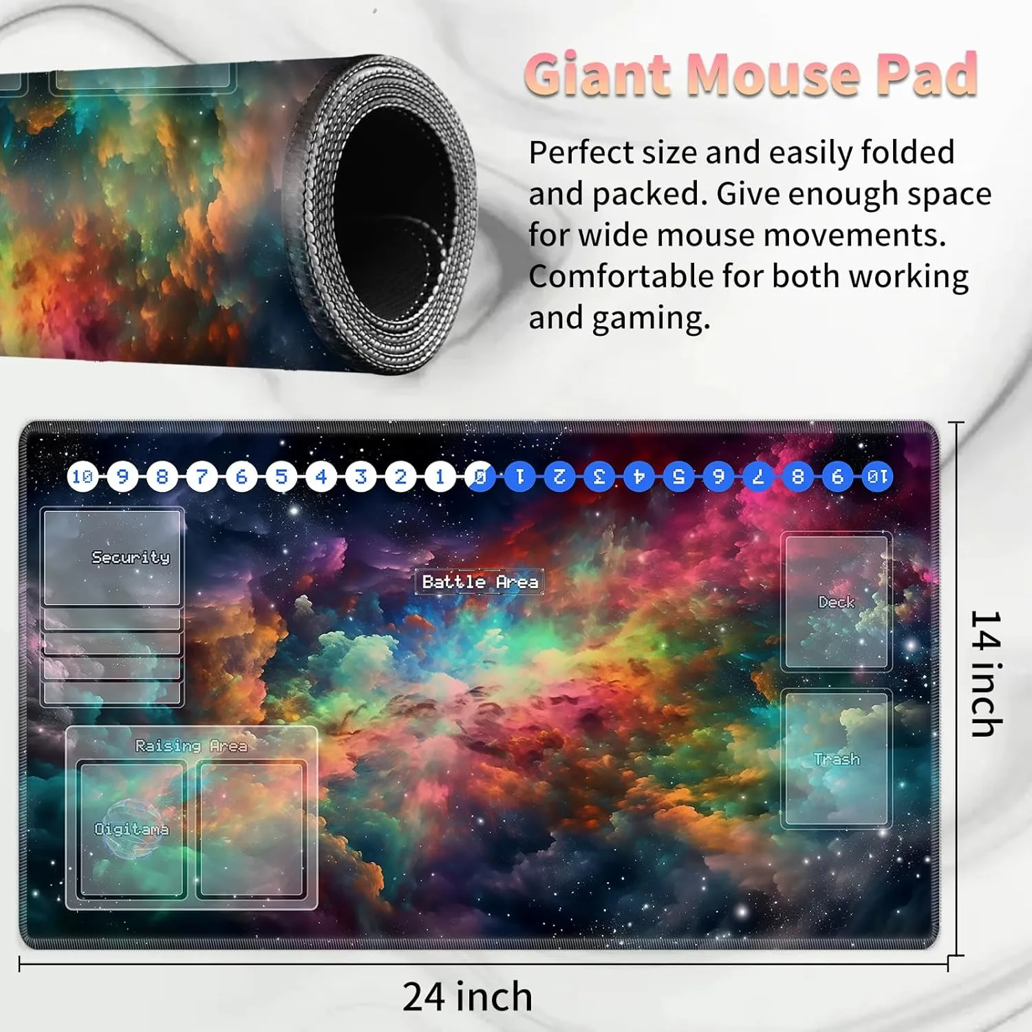 Duel Playma for DTCG, Card Game Mat Non-Slip Rubber Base and Stitched, 24 x 14 in TCG Play Mat with Zones for CCG and Other Card Games, Colorful Starry Sky
