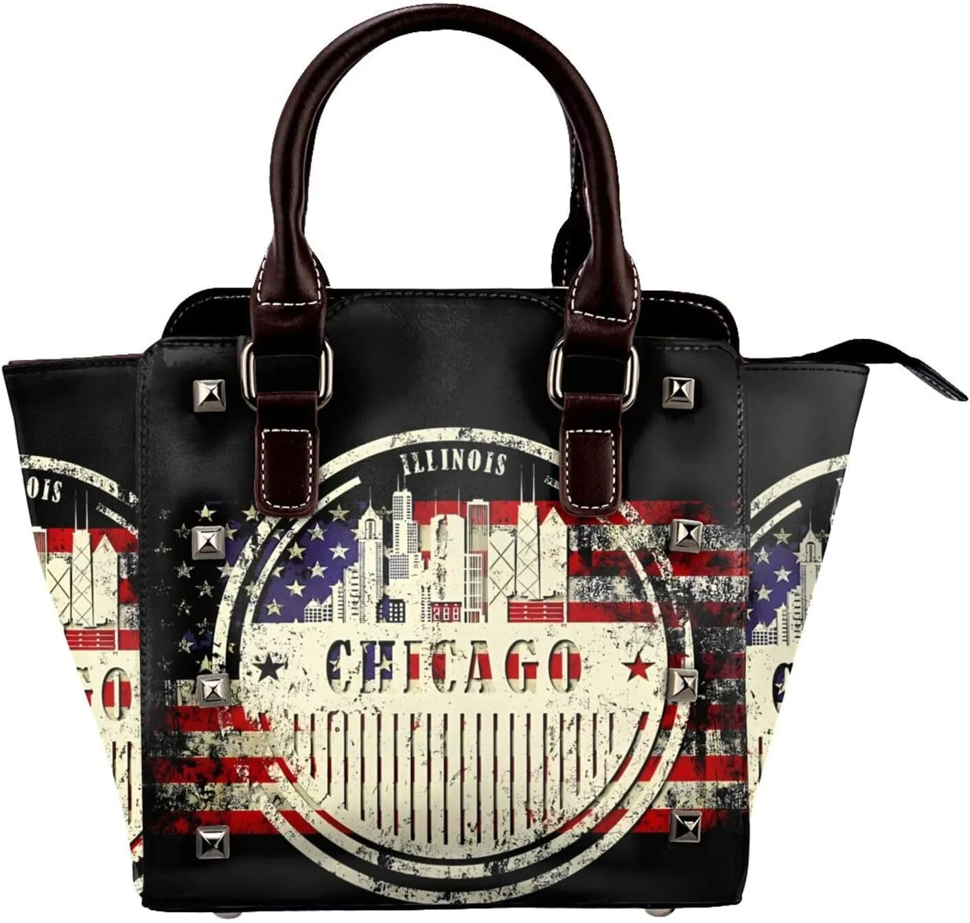 DWomen's Pu Leather Handbag Rivet Shoulder Bag Fashion Studded Top Handle Satchel Crossbody Tote Bag Punk Bag Purse