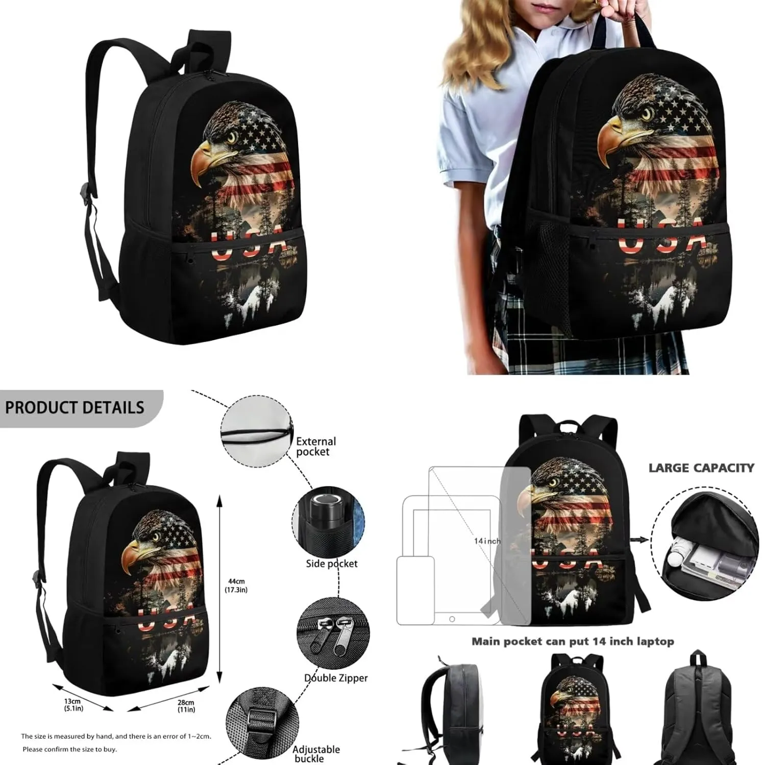 Eagle Backpack for Kids Boys Backpack with Lunch Box Water Bottle Holder and Soft Pencil Case 4PCS Bookbag with Front Pocket for School Teens 17 inch Large Capacity School Bag with Side Pocket