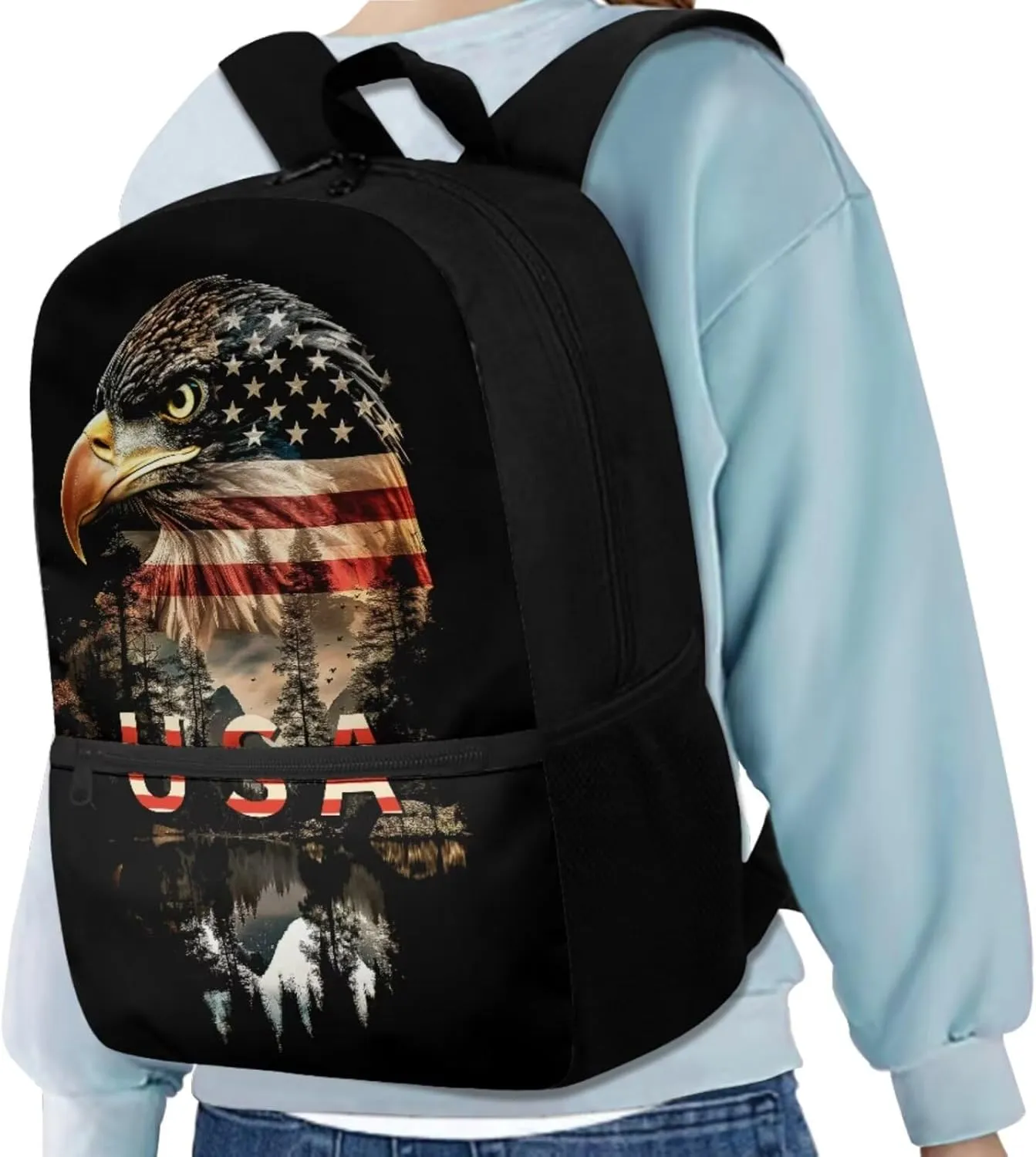Eagle Backpack for Kids Boys Backpack with Lunch Box Water Bottle Holder and Soft Pencil Case 4PCS Bookbag with Front Pocket for School Teens 17 inch Large Capacity School Bag with Side Pocket