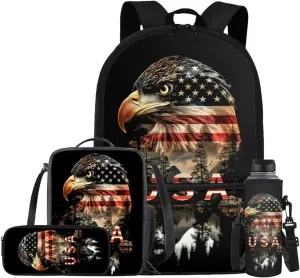 Eagle Backpack for Kids Boys Backpack with Lunch Box Water Bottle Holder and Soft Pencil Case 4PCS Bookbag with Front Pocket for School Teens 17 inch Large Capacity School Bag with Side Pocket