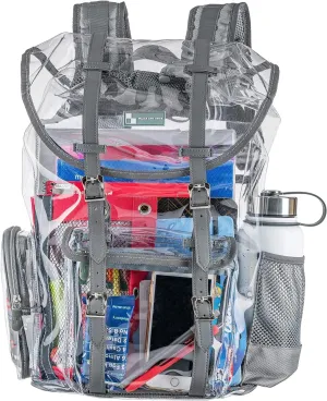 Eco-Friendly Heavy Duty Clear Backpack with Front Pocket | Large Clear Bookbag Transparent See Through Backpack for College Work Travel (Steel Gray Eco Friendly)
