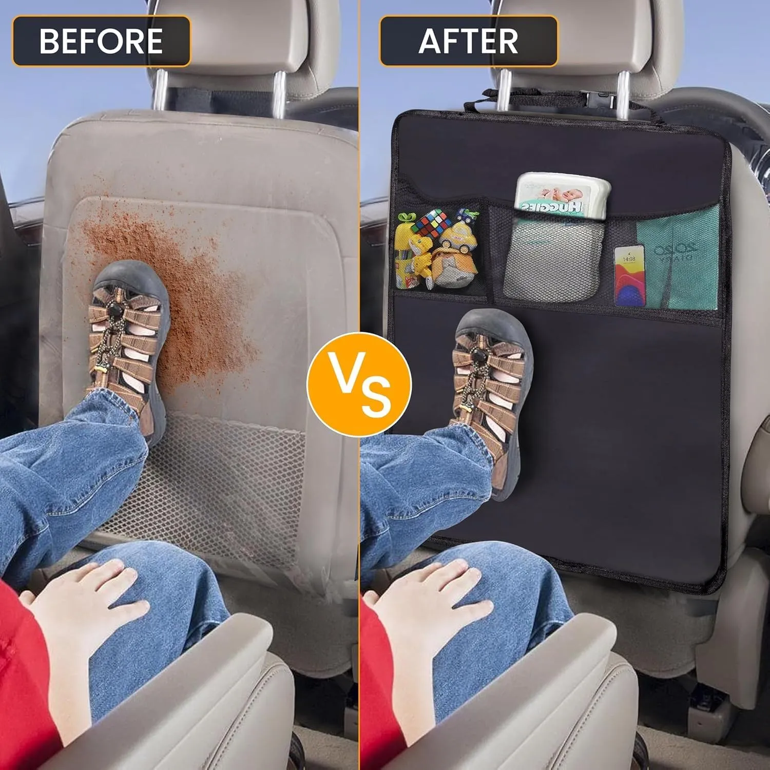 EcoNour 2 Pack Large Back Seat Protector for Kids Feet | Waterproof Kick Mats with 2 Mesh Pocket Organizer | Backseat Cover for Car Seats to Protect from Dirt, Mud & Scratches | Travel Accessories