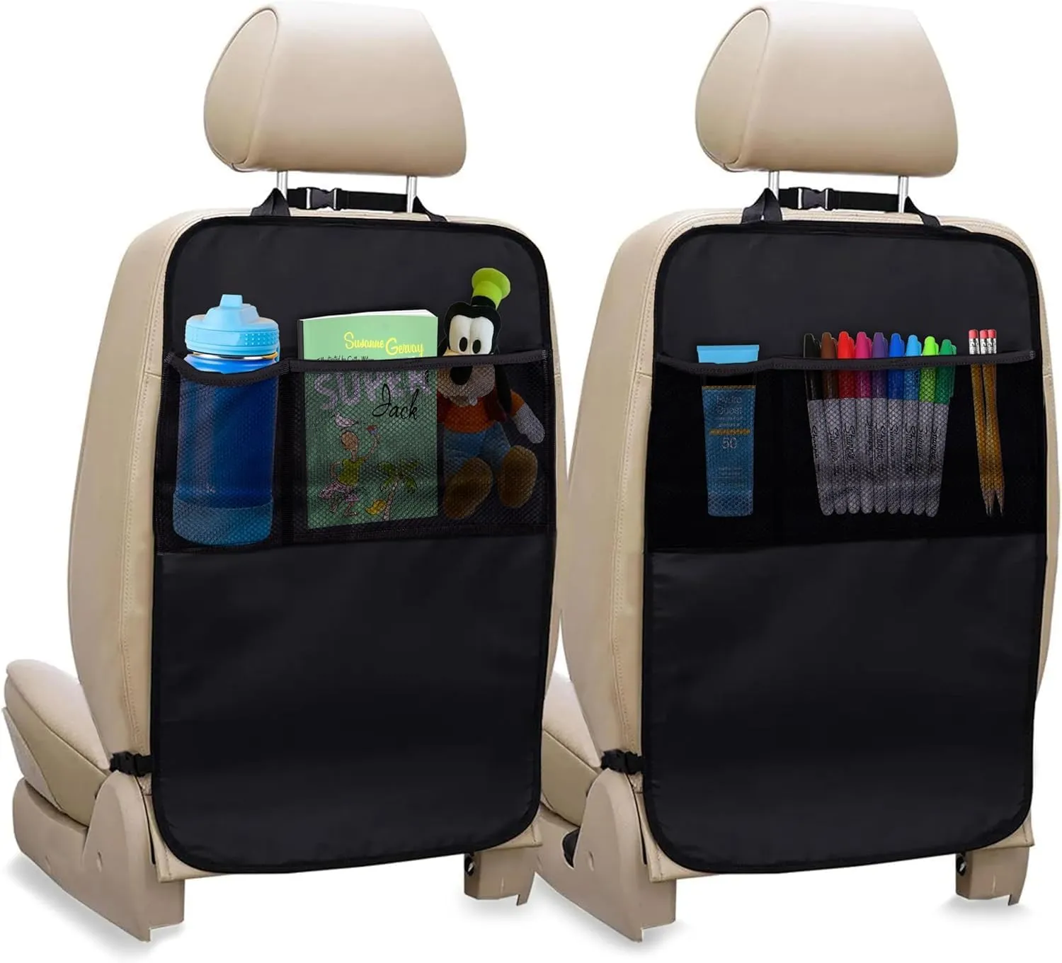 EcoNour 2 Pack Large Back Seat Protector for Kids Feet | Waterproof Kick Mats with 2 Mesh Pocket Organizer | Backseat Cover for Car Seats to Protect from Dirt, Mud & Scratches | Travel Accessories