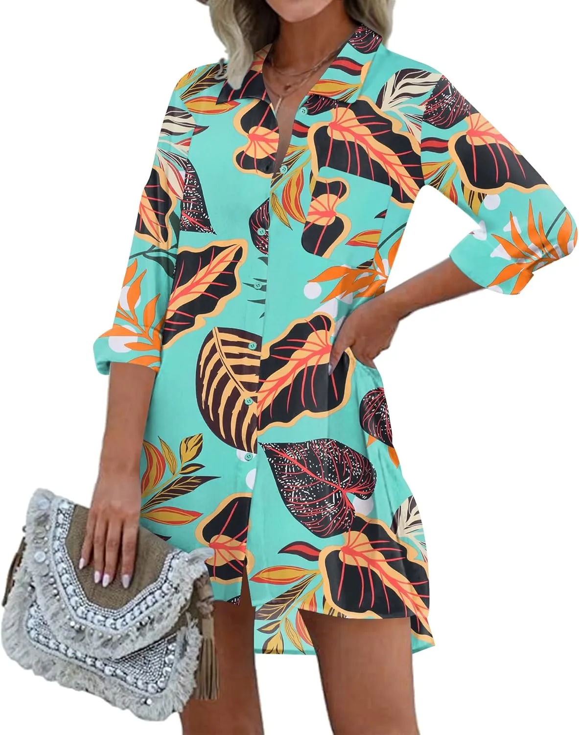 Ekouaer Women's Beach Bikini Cover-up Long Roll-up Sleeve Beach Shirt Bathing Suit Cover Up