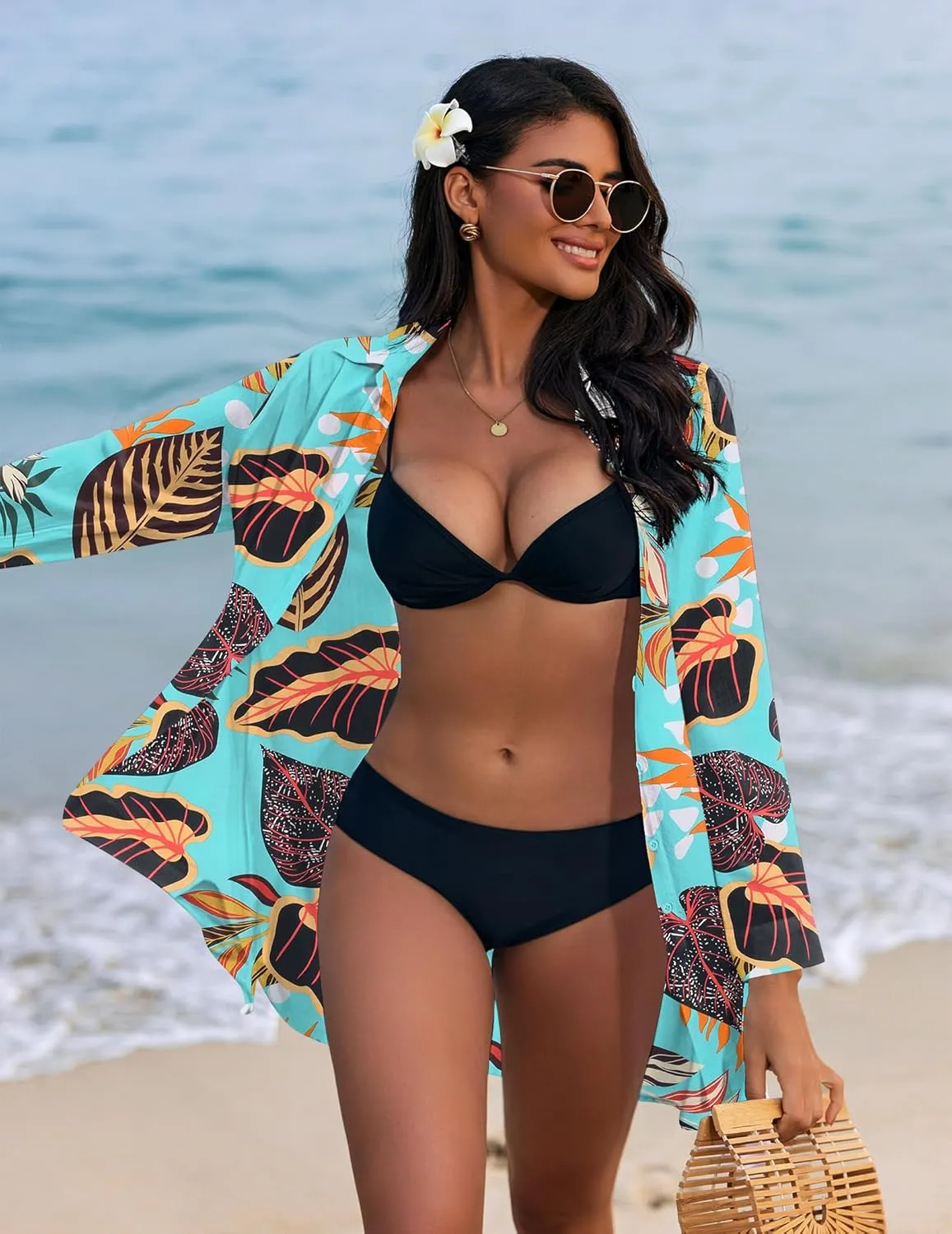 Ekouaer Women's Beach Bikini Cover-up Long Roll-up Sleeve Beach Shirt Bathing Suit Cover Up