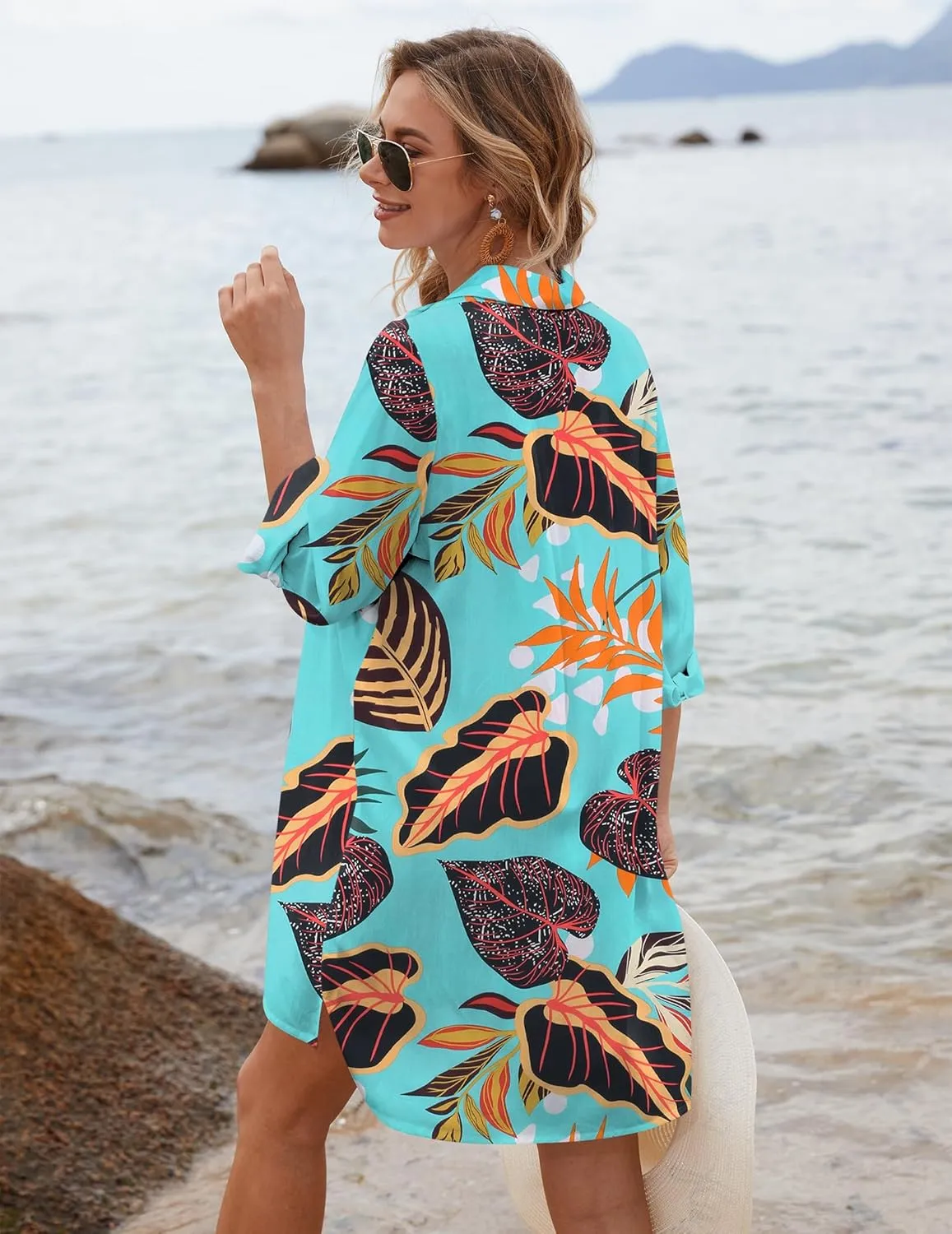 Ekouaer Women's Beach Bikini Cover-up Long Roll-up Sleeve Beach Shirt Bathing Suit Cover Up