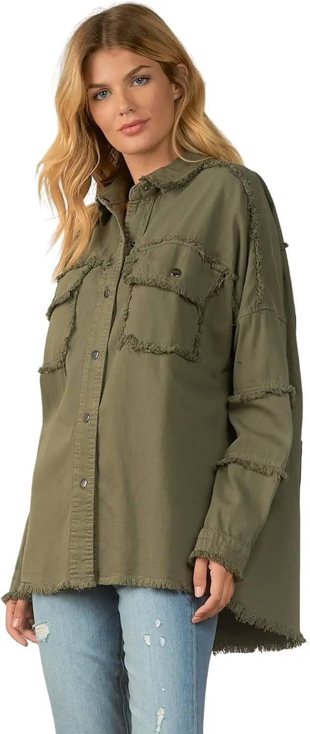 ELAN Women's Rock and Roll Distressed Button Up Jacket