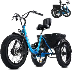 Electric Tricycle for Adults, 20" x 4.0 Fat Tire Electric Trike, Peak 750W 25MPH 36V 13Ah Lithium Battery UL Certified, Premium 80% Assembled Foldable 3 Wheel Electric Bicycle, Blue