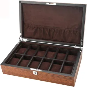 Elegant Large Wooden Watch Box Organizer for Men Women with 12 Slots, Transparent top, Portable Watch Holder Mens Watches Case Storage Best Gift for The Husband, (36x 22 x 9cm)