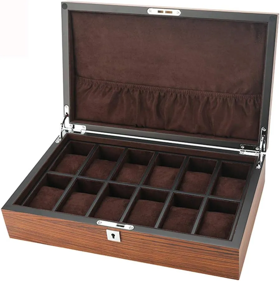Elegant Large Wooden Watch Box Organizer for Men Women with 12 Slots, Transparent top, Portable Watch Holder Mens Watches Case Storage Best Gift for The Husband, (36x 22 x 9cm)