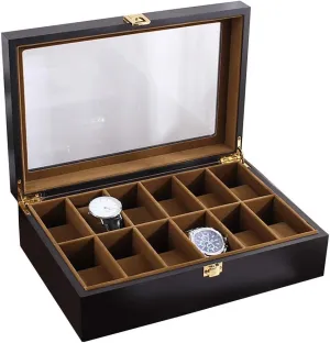 Elegant Wooden Watch Box Organizer for Men Women with 12 Slots, Transparent top, Portable Large Watch Holder Mens Watches Case Storage Best Gift for The Husband, (Black,32x 22 x 8cm)