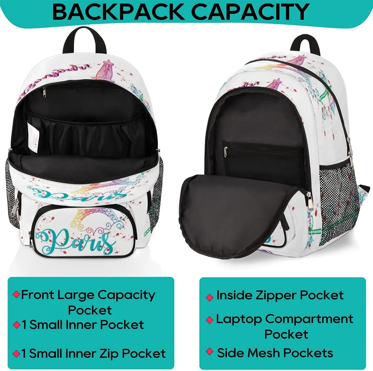 Elementary School Bags for Teens, Bonjour Paris Eiffel Tower Kids Backpacks Colorful Eiffel Tower Lightweight Bookbags Waterproof Sturdy Schoolbag Daypack for Girls Boys