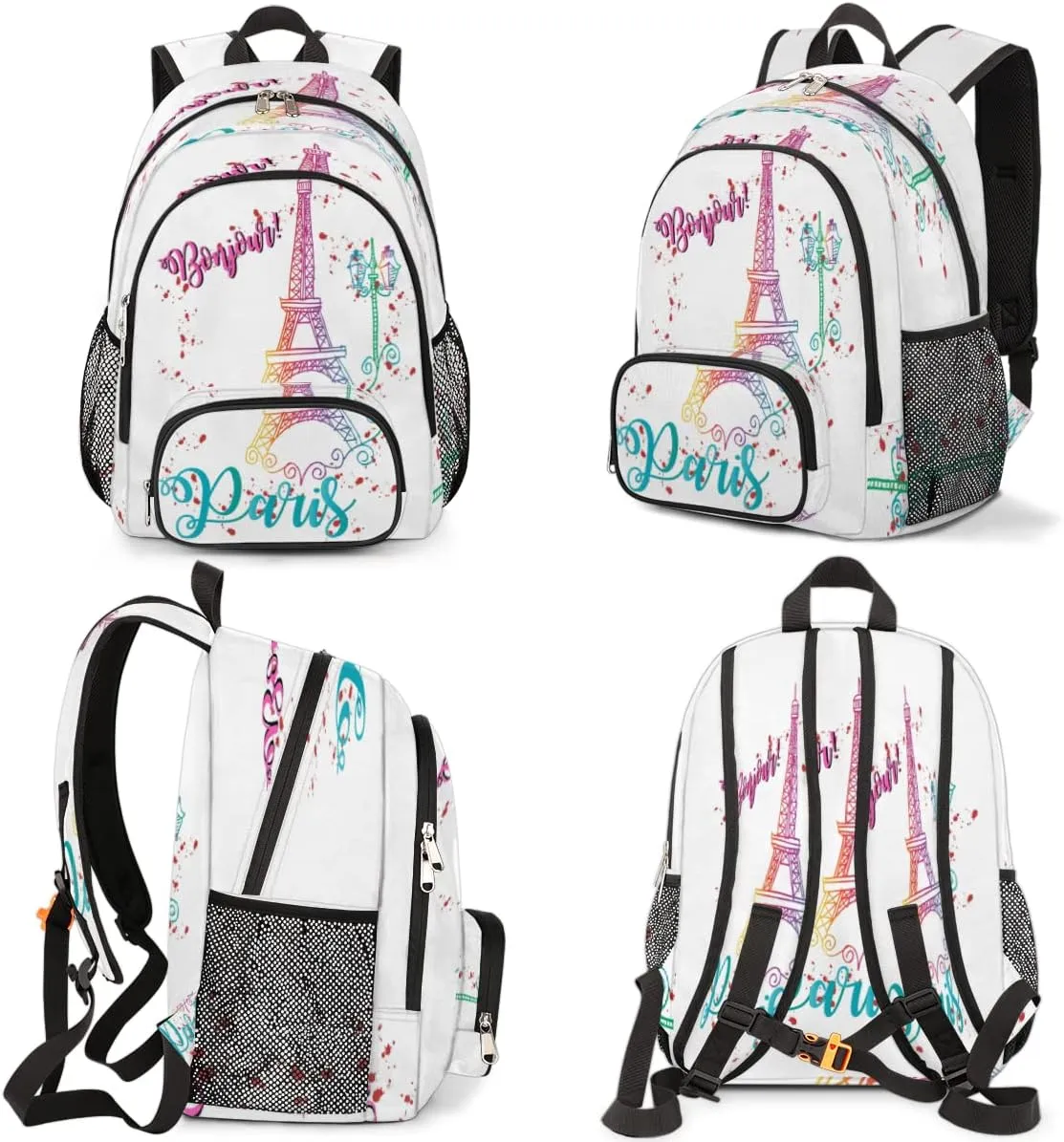 Elementary School Bags for Teens, Bonjour Paris Eiffel Tower Kids Backpacks Colorful Eiffel Tower Lightweight Bookbags Waterproof Sturdy Schoolbag Daypack for Girls Boys