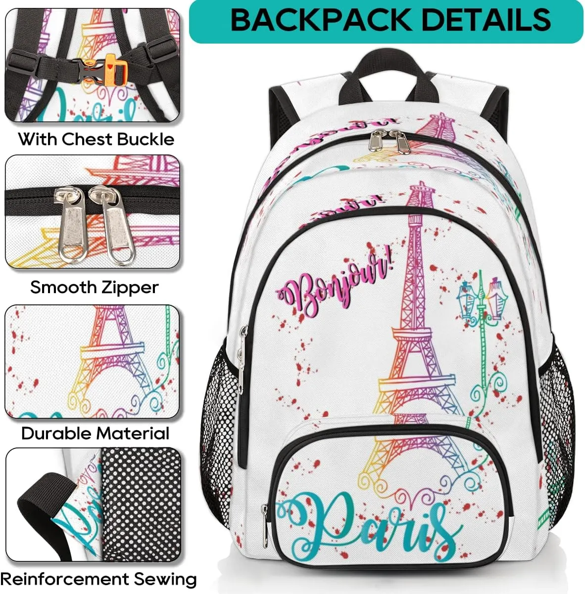 Elementary School Bags for Teens, Bonjour Paris Eiffel Tower Kids Backpacks Colorful Eiffel Tower Lightweight Bookbags Waterproof Sturdy Schoolbag Daypack for Girls Boys