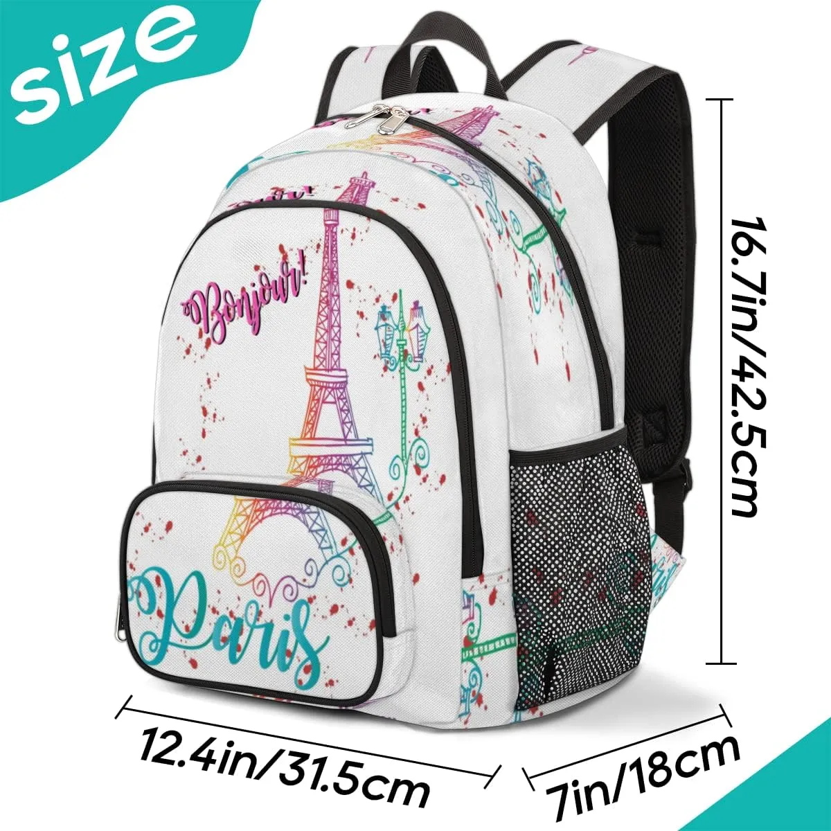 Elementary School Bags for Teens, Bonjour Paris Eiffel Tower Kids Backpacks Colorful Eiffel Tower Lightweight Bookbags Waterproof Sturdy Schoolbag Daypack for Girls Boys