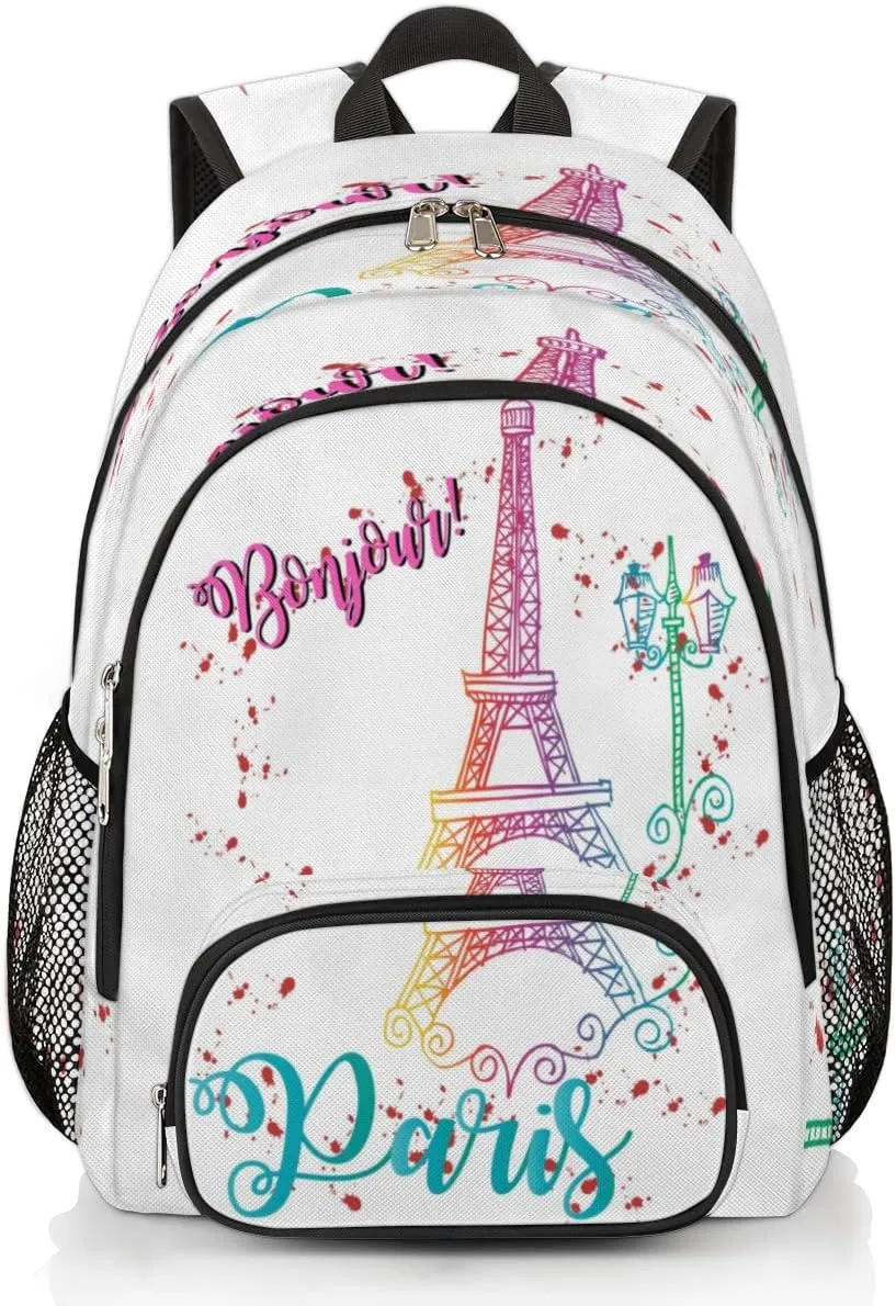 Elementary School Bags for Teens, Bonjour Paris Eiffel Tower Kids Backpacks Colorful Eiffel Tower Lightweight Bookbags Waterproof Sturdy Schoolbag Daypack for Girls Boys