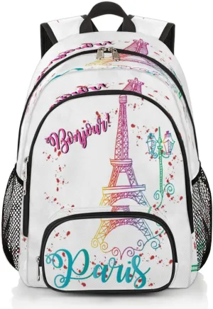 Elementary School Bags for Teens, Bonjour Paris Eiffel Tower Kids Backpacks Colorful Eiffel Tower Lightweight Bookbags Waterproof Sturdy Schoolbag Daypack for Girls Boys