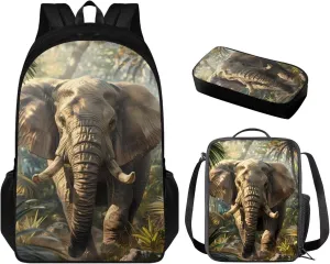 Elephant Backpack for Boys Kids Backpack with Lunch Box and Soft Pencil Box 3 in 1 17" Large capacity Bookbag Set for School Teens Casual Daypack Backpacks Sturdy School Bag with Compartments
