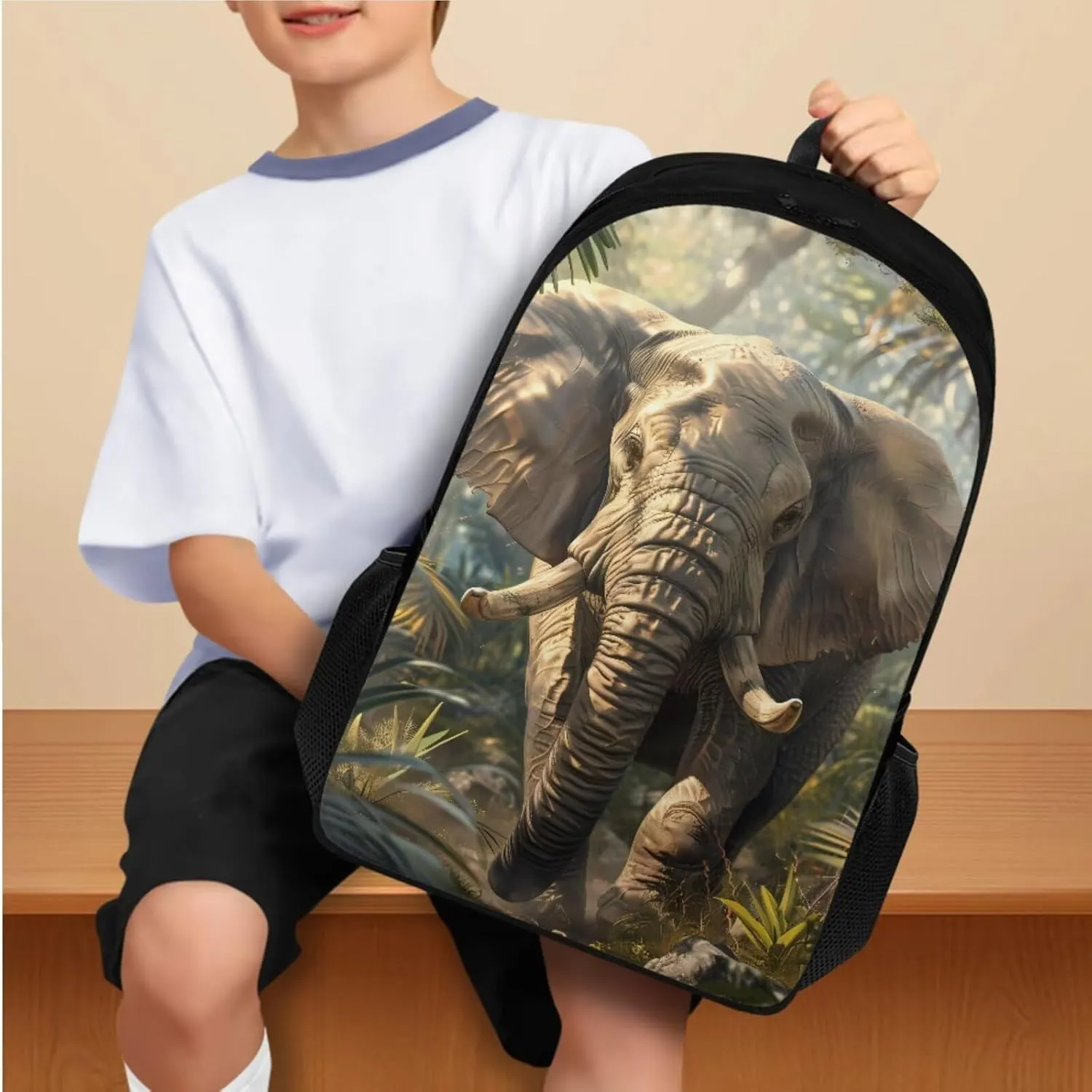 Elephant Backpack for Boys Kids Backpack with Lunch Box and Soft Pencil Box 3 in 1 17" Large capacity Bookbag Set for School Teens Casual Daypack Backpacks Sturdy School Bag with Compartments