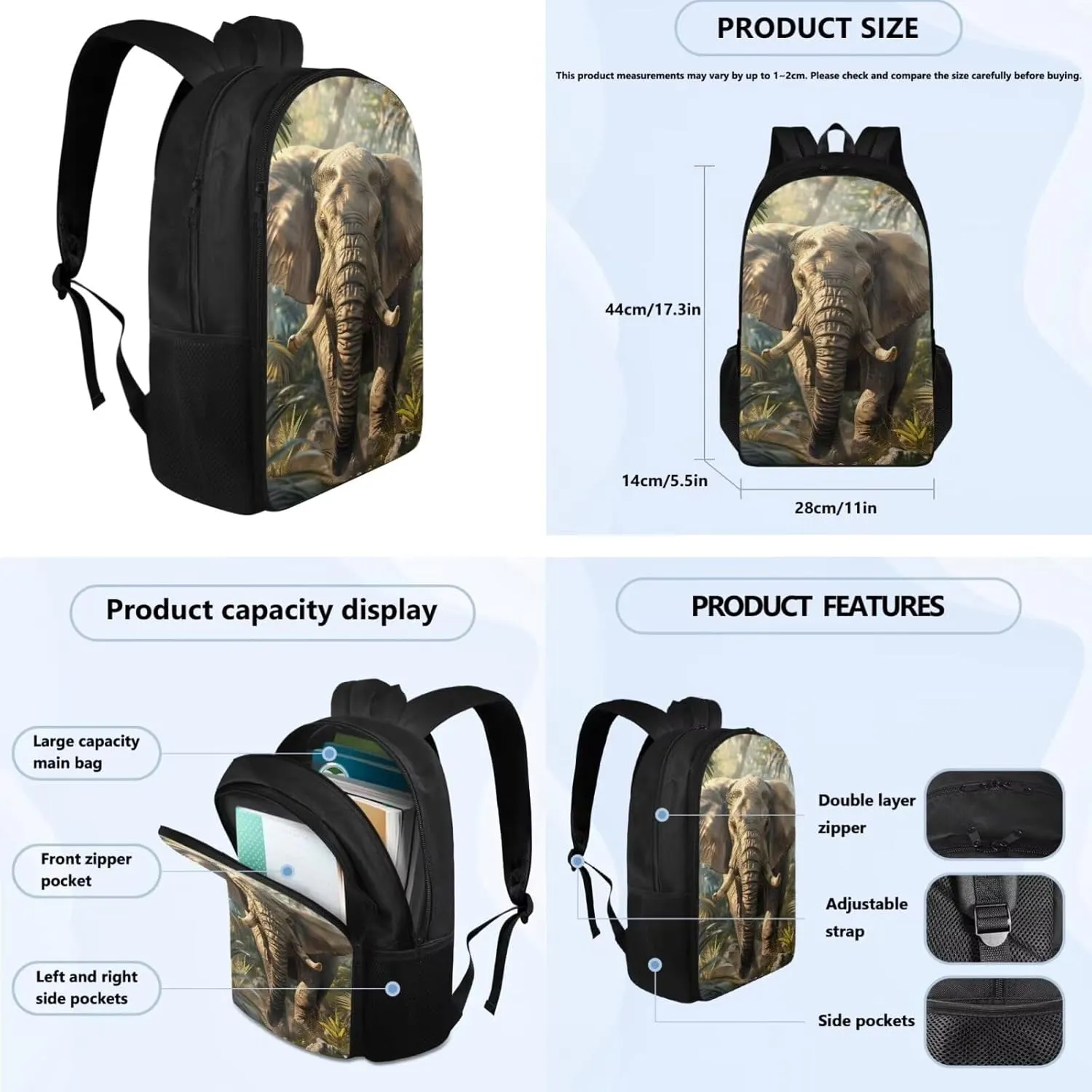 Elephant Backpack for Boys Kids Backpack with Lunch Box and Soft Pencil Box 3 in 1 17" Large capacity Bookbag Set for School Teens Casual Daypack Backpacks Sturdy School Bag with Compartments
