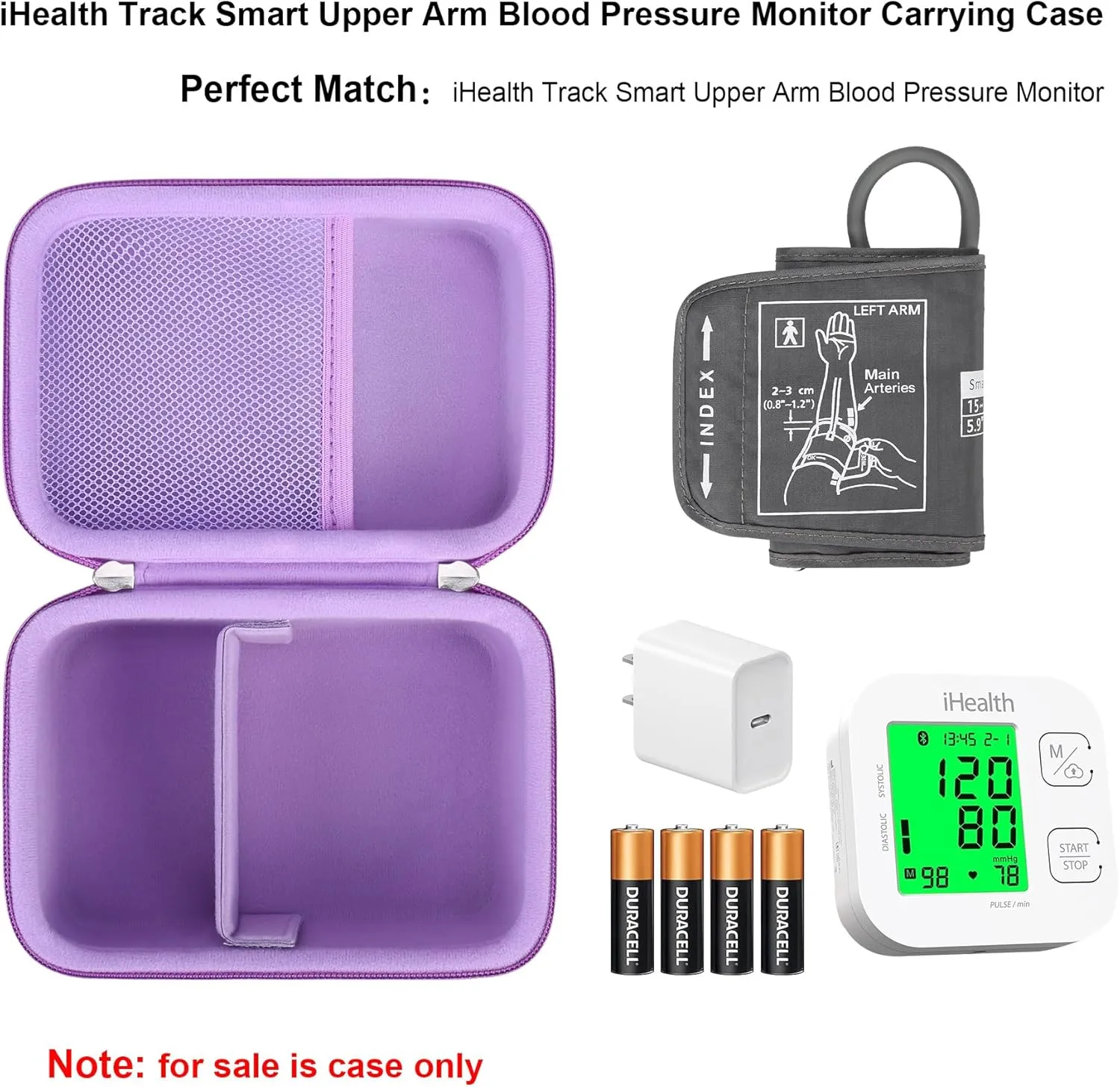 Elonbo Carrying Case for iHealth Track Smart Upper Arm Blood Pressure Monitor, Wireless Bluetooth Blood Pressure Monitor Travel Protective Bag Storage Holder, Mesh Pocket fits Range Cuff, Purple