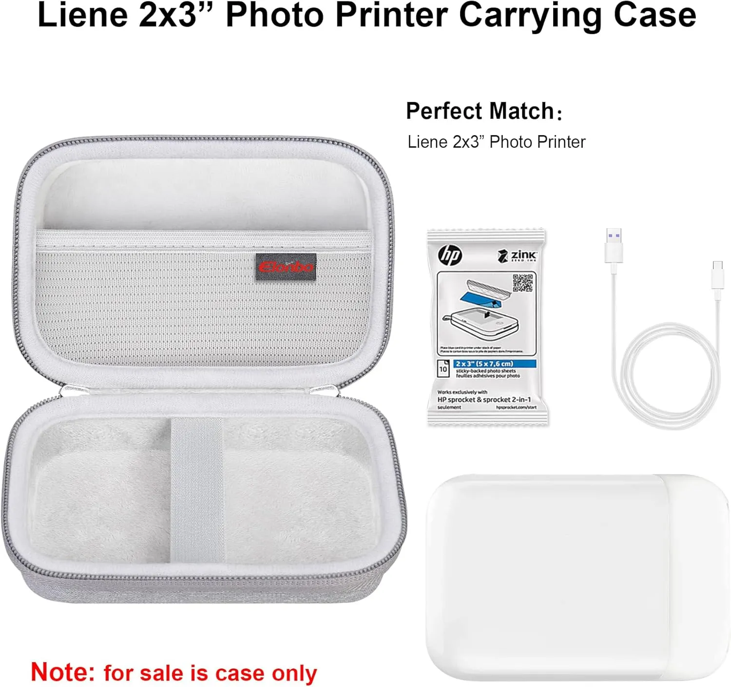 Elonbo Carrying Case for Liene 2x3” Photo Printer, Portable Instant Printer Travel Holder, Mini Picture Printer Bag. Mesh Pocket Fits Photo Paper, Cable. Grey