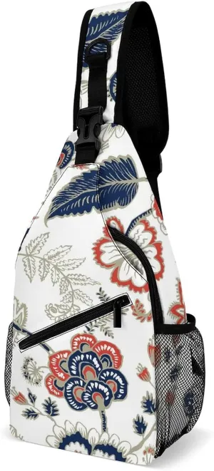Embroidery Ethnic Flower Sling Bag Crossbody for Women Men Lightweight Adjustable Extender Strap Shoulder Backpack with Water Bottle Holder Casual Daypack for Hiking Travel