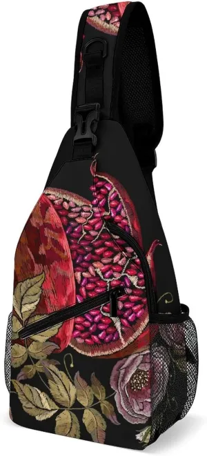 Embroidery Pomegranate Sling Bag Crossbody for Women Men Lightweight Adjustable Extender Strap Flower Shoulder Backpack with Water Bottle Holder Casual Daypack for Hiking Travel