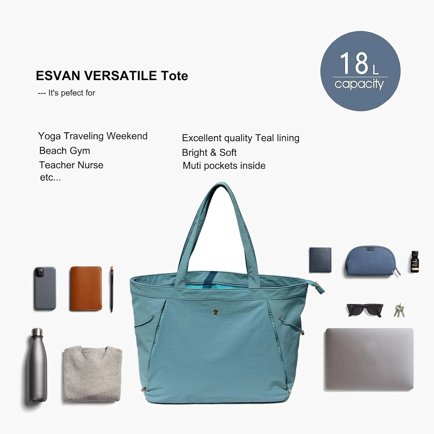 ESVAN Yoga Tote Bag for Women Shoulder Bags Drawstring for Office Workout Travel Carryall Pilates Gym and Beach
