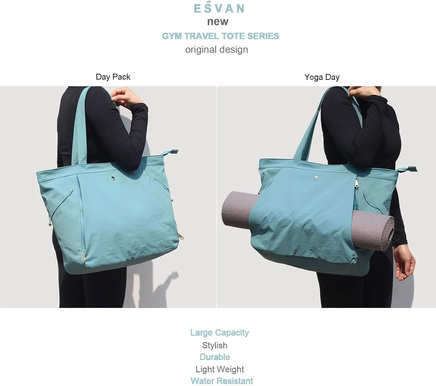 ESVAN Yoga Tote Bag for Women Shoulder Bags Drawstring for Office Workout Travel Carryall Pilates Gym and Beach