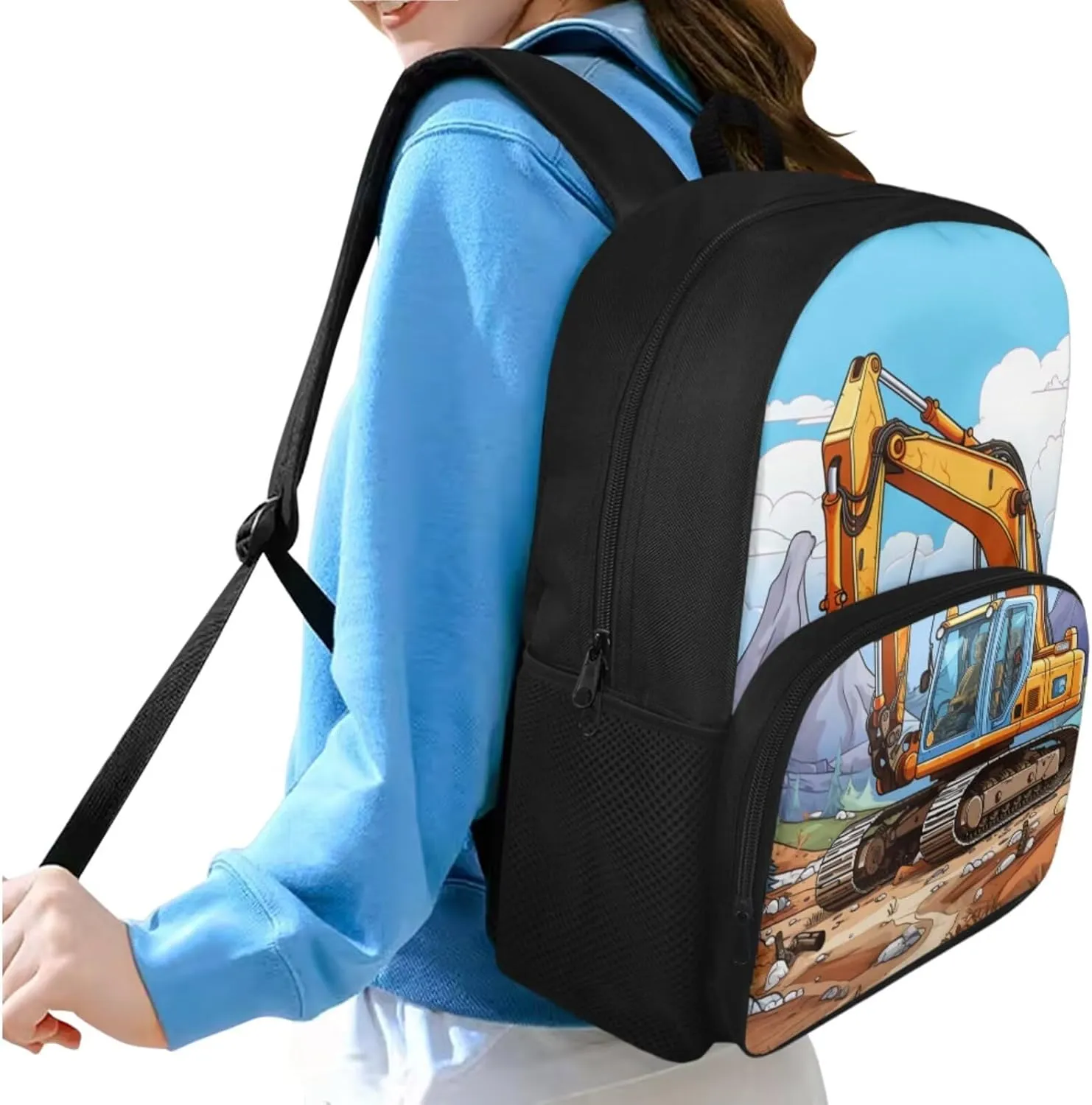 Excavator Backpack for Boys Kids Backpack with Lunch Box and Soft Pencil Case 3 Pcs Set 15" Lightweight Bookbag with Front Pocket for School Large Capacity School Bag for Kindergarten Boy
