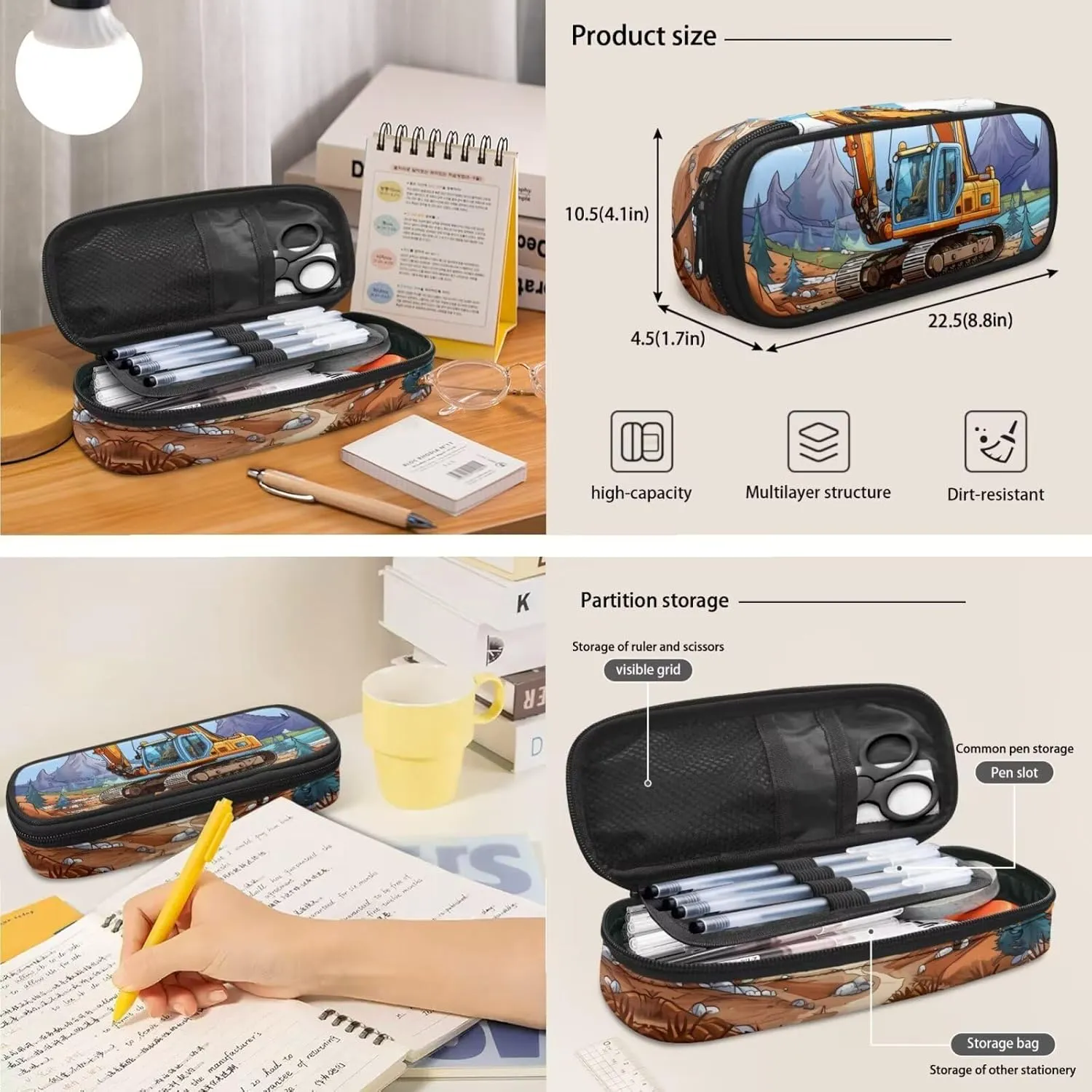 Excavator Backpack for Boys Kids Backpack with Lunch Box and Soft Pencil Case 3 Pcs Set 15" Lightweight Bookbag with Front Pocket for School Large Capacity School Bag for Kindergarten Boy