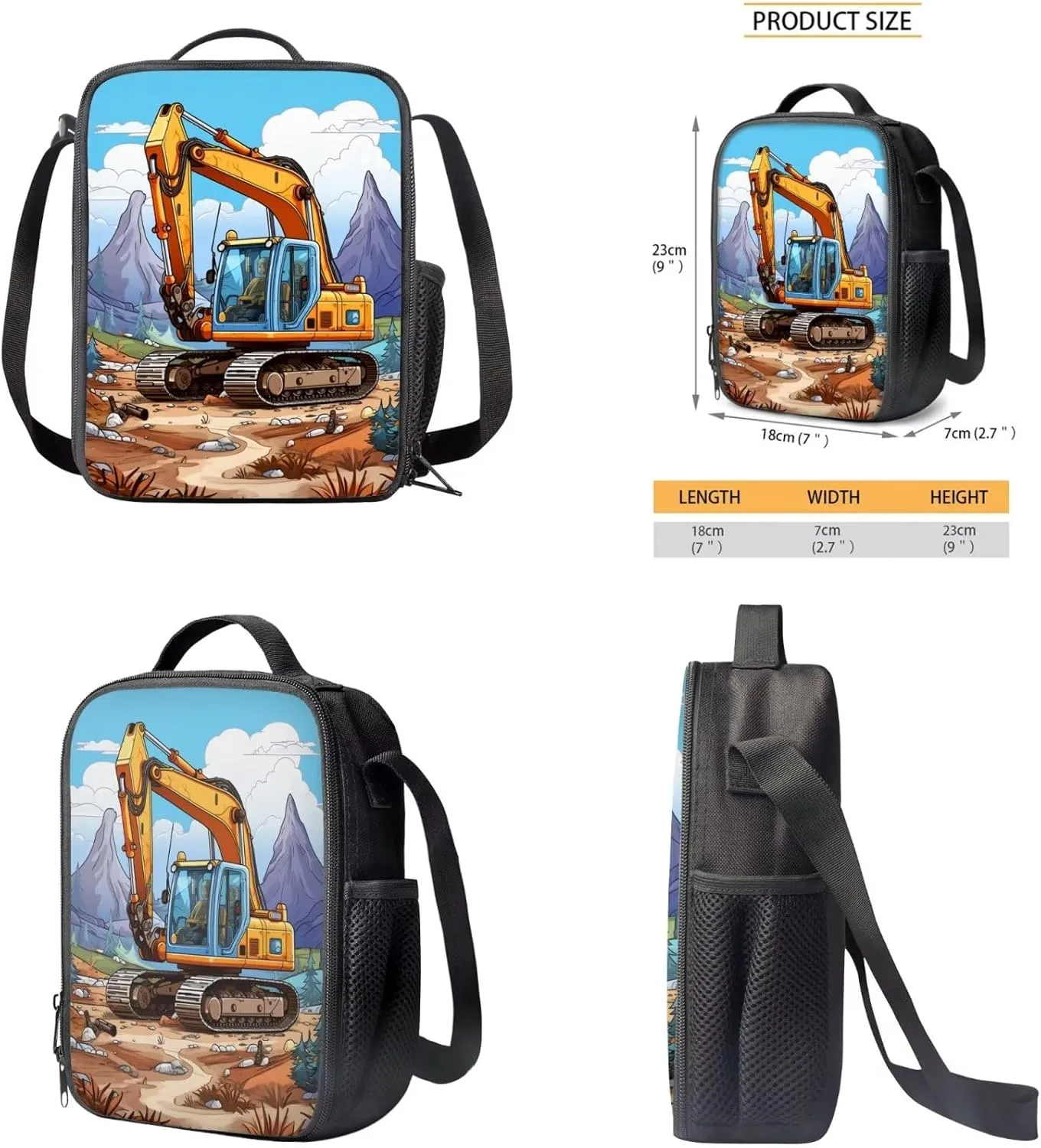 Excavator Backpack for Boys Kids Backpack with Lunch Box and Soft Pencil Case 3 Pcs Set 15" Lightweight Bookbag with Front Pocket for School Large Capacity School Bag for Kindergarten Boy
