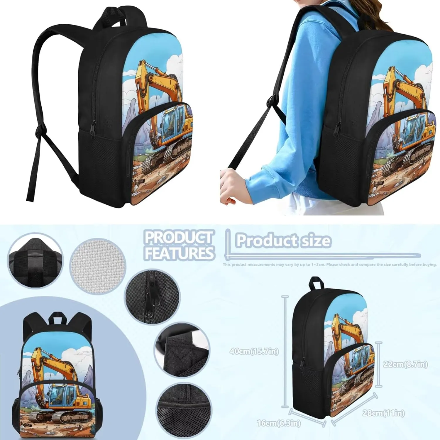 Excavator Backpack for Boys Kids Backpack with Lunch Box and Soft Pencil Case 3 Pcs Set 15" Lightweight Bookbag with Front Pocket for School Large Capacity School Bag for Kindergarten Boy
