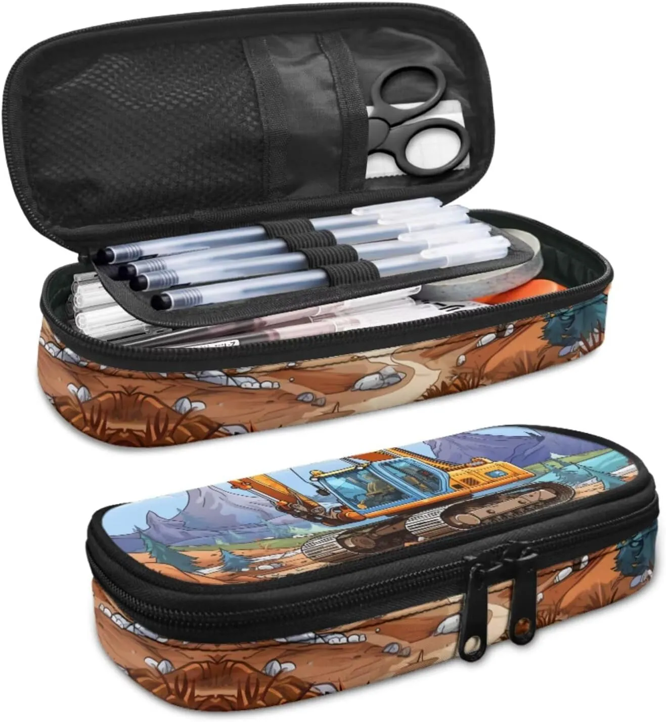 Excavator Backpack for Boys Kids Backpack with Lunch Box and Soft Pencil Case 3 Pcs Set 15" Lightweight Bookbag with Front Pocket for School Large Capacity School Bag for Kindergarten Boy