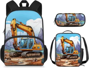 Excavator Backpack for Boys Kids Backpack with Lunch Box and Soft Pencil Case 3 Pcs Set 15" Lightweight Bookbag with Front Pocket for School Large Capacity School Bag for Kindergarten Boy