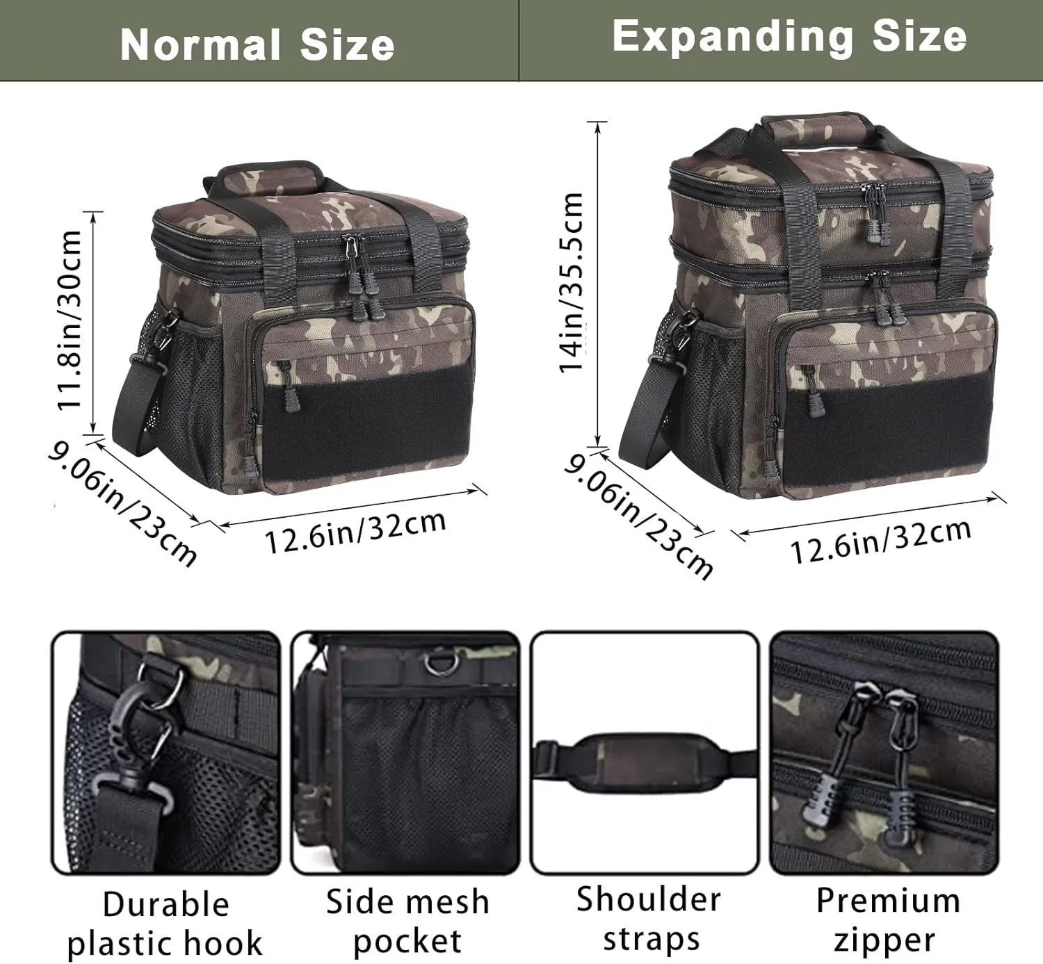 Extra Large Expandable Tactical Lunch Bag for Men, Durable Insulated Leakproof Lunch Box, Heavy Duty Cooler Bag for Work Outdoor Picnic Travel Office Adults, Black Camo, 25L