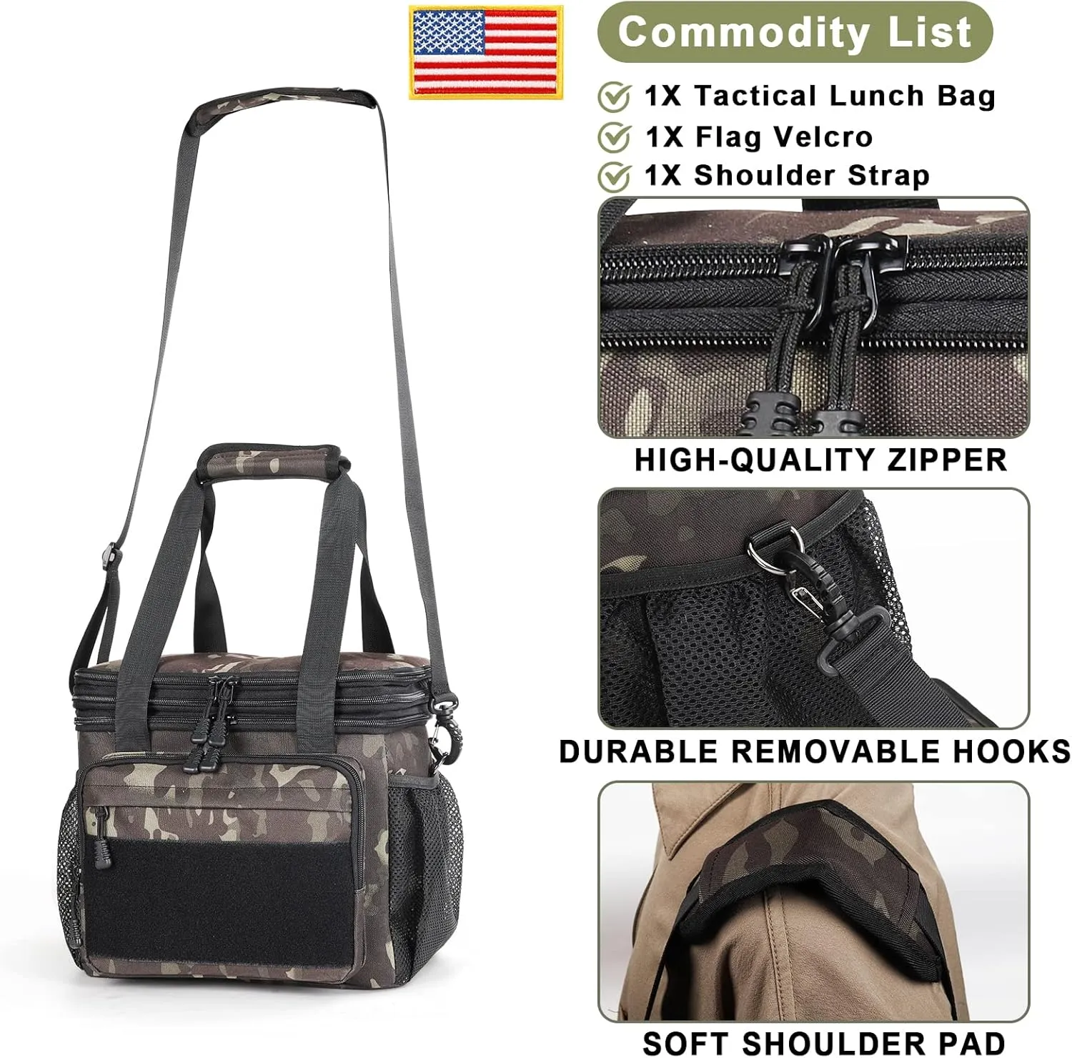 Extra Large Expandable Tactical Lunch Bag for Men, Durable Insulated Leakproof Lunch Box, Heavy Duty Cooler Bag for Work Outdoor Picnic Travel Office Adults, Black Camo, 25L