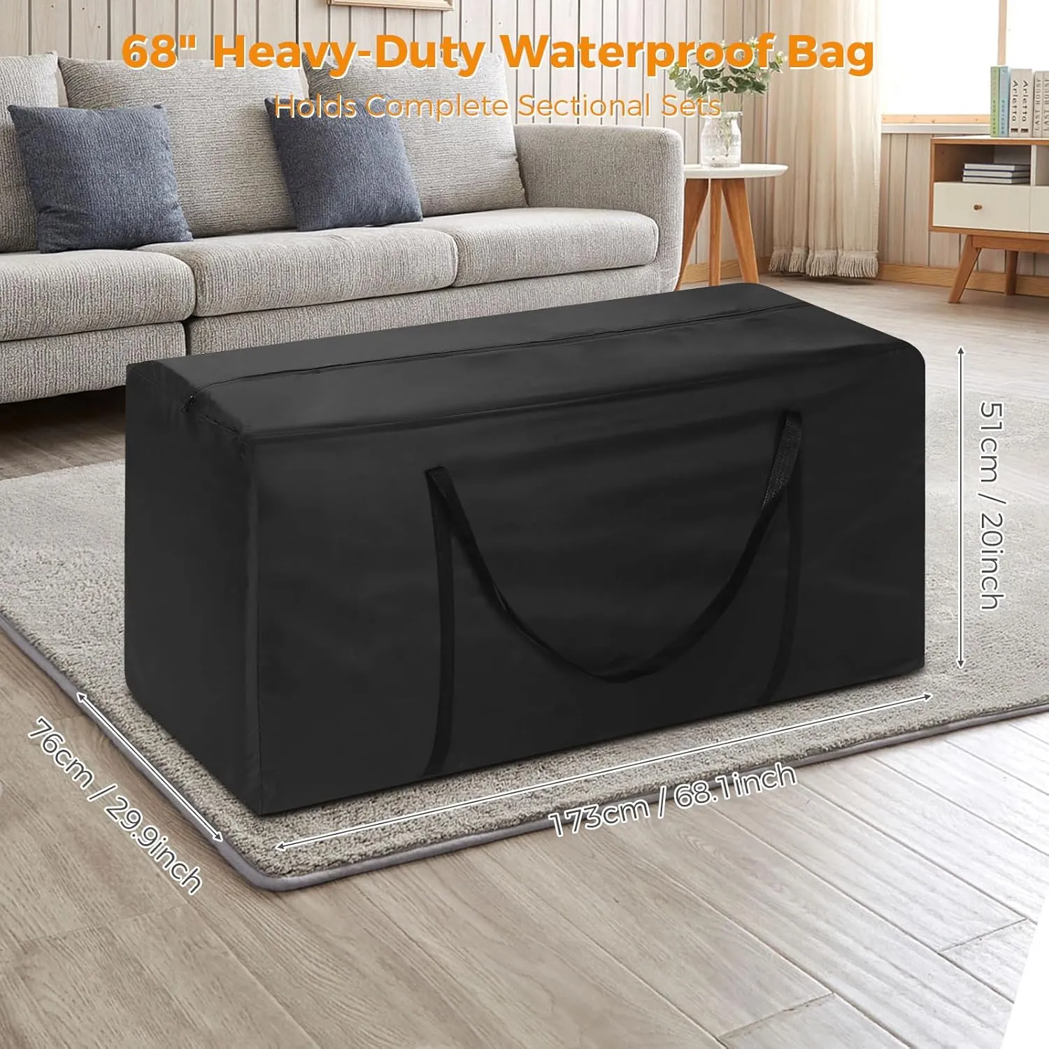 Extra Large Outdoor Cushion Storage Bag, Waterproof Black Outdoor Patio Cushion Storage Bag with Zipper & Padded Handle for Patio Furniture Christmas Tree, 68in L x 30in W x 20in H (1 Pack)