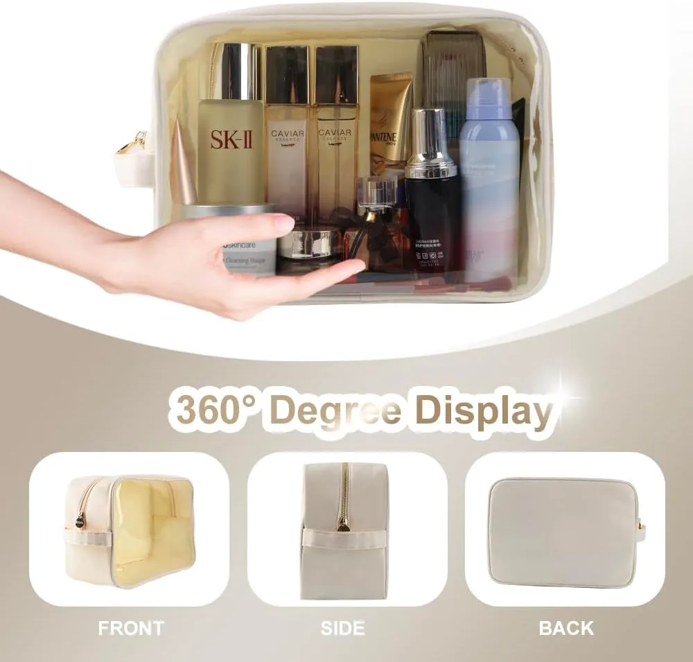 Extra Large Preppy Transparent Makeup Pouch Women Travel Clear TPU and Nylon Cosmetic Pouch (Extral-Large, Beige)