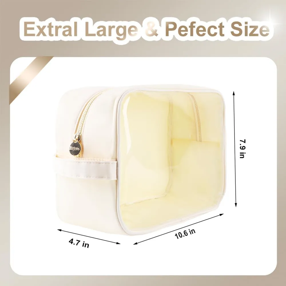 Extra Large Preppy Transparent Makeup Pouch Women Travel Clear TPU and Nylon Cosmetic Pouch (Extral-Large, Beige)