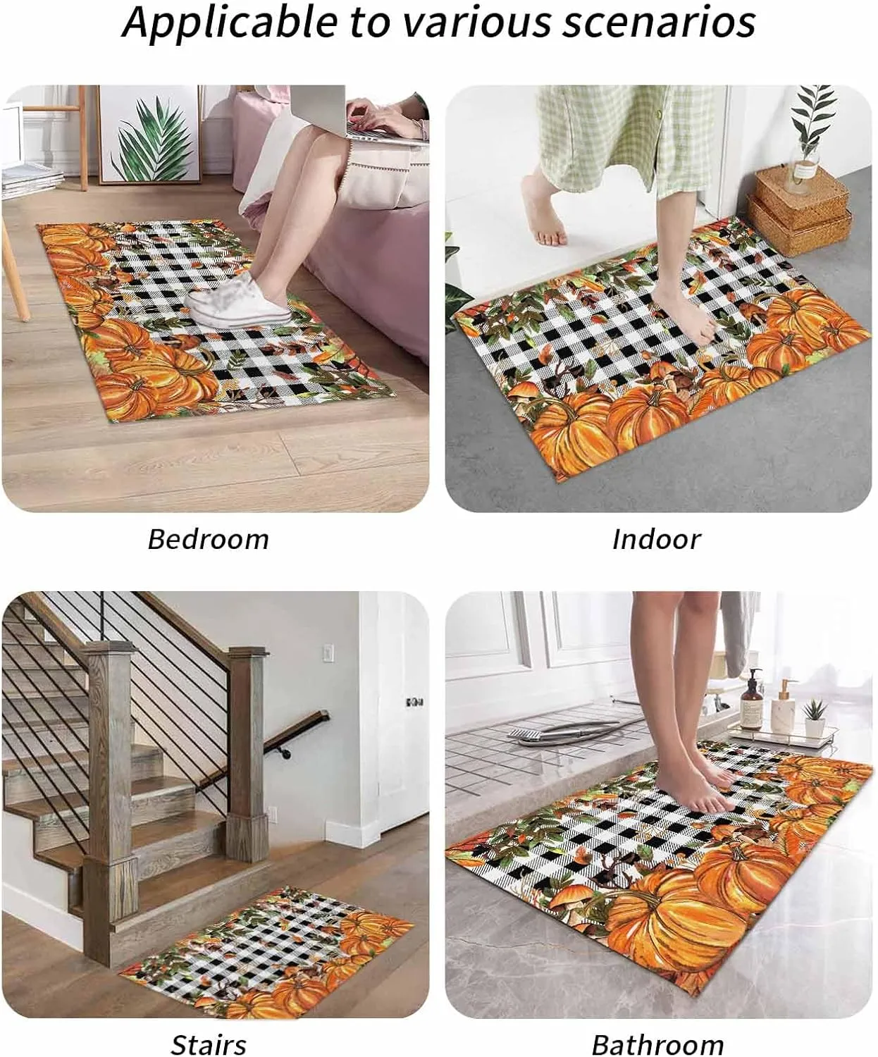 Fall Indoor Door Mat Washable Mat 16x24 Inch - Outdoor Non-Slip Mat Absorbent Resist Dirt Doormats Autumn Pumpkin Mushtoom Leaf Check Black White Floor Mat for Entryway Patio Bathroom