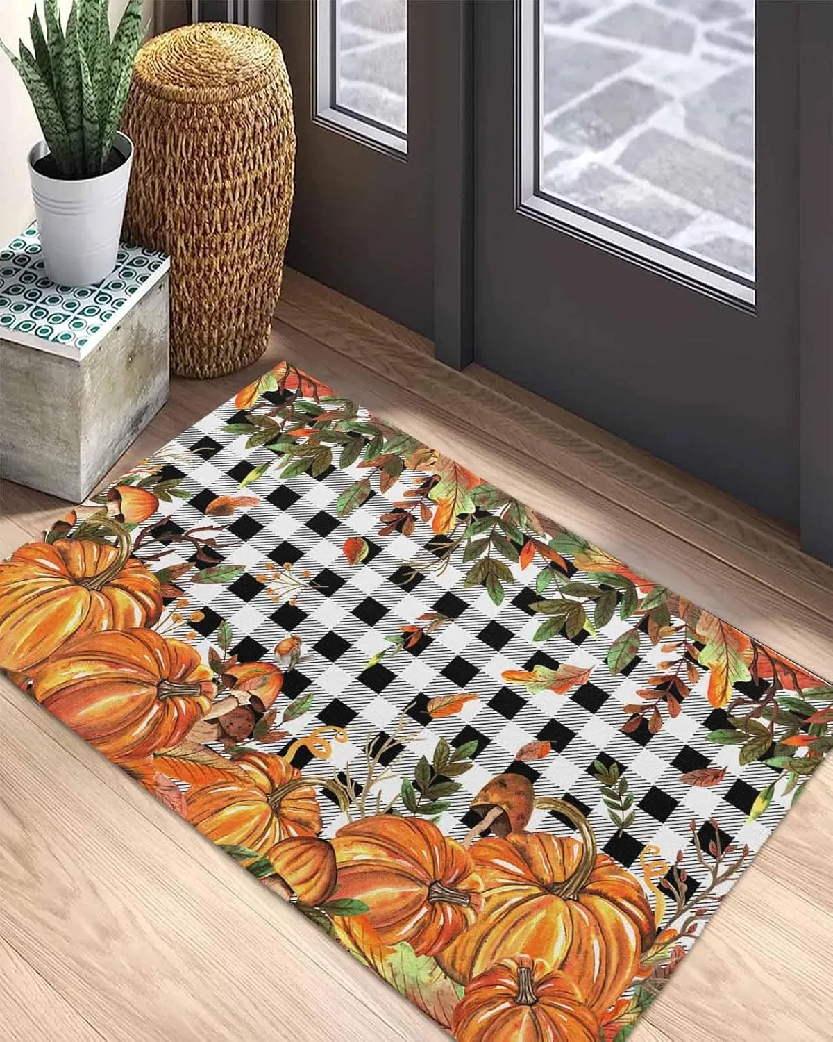 Fall Indoor Door Mat Washable Mat 16x24 Inch - Outdoor Non-Slip Mat Absorbent Resist Dirt Doormats Autumn Pumpkin Mushtoom Leaf Check Black White Floor Mat for Entryway Patio Bathroom