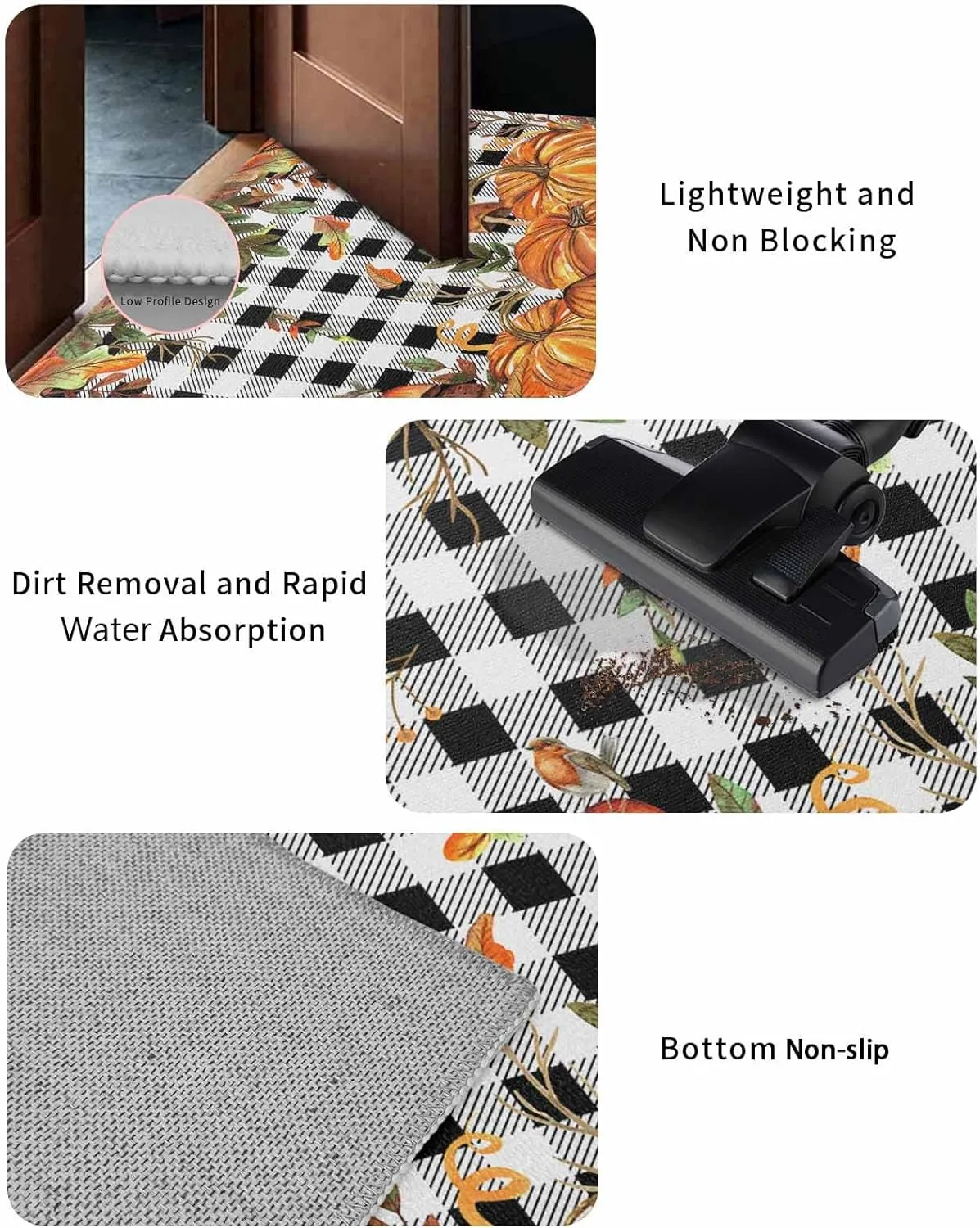 Fall Indoor Door Mat Washable Mat 16x24 Inch - Outdoor Non-Slip Mat Absorbent Resist Dirt Doormats Autumn Pumpkin Mushtoom Leaf Check Black White Floor Mat for Entryway Patio Bathroom
